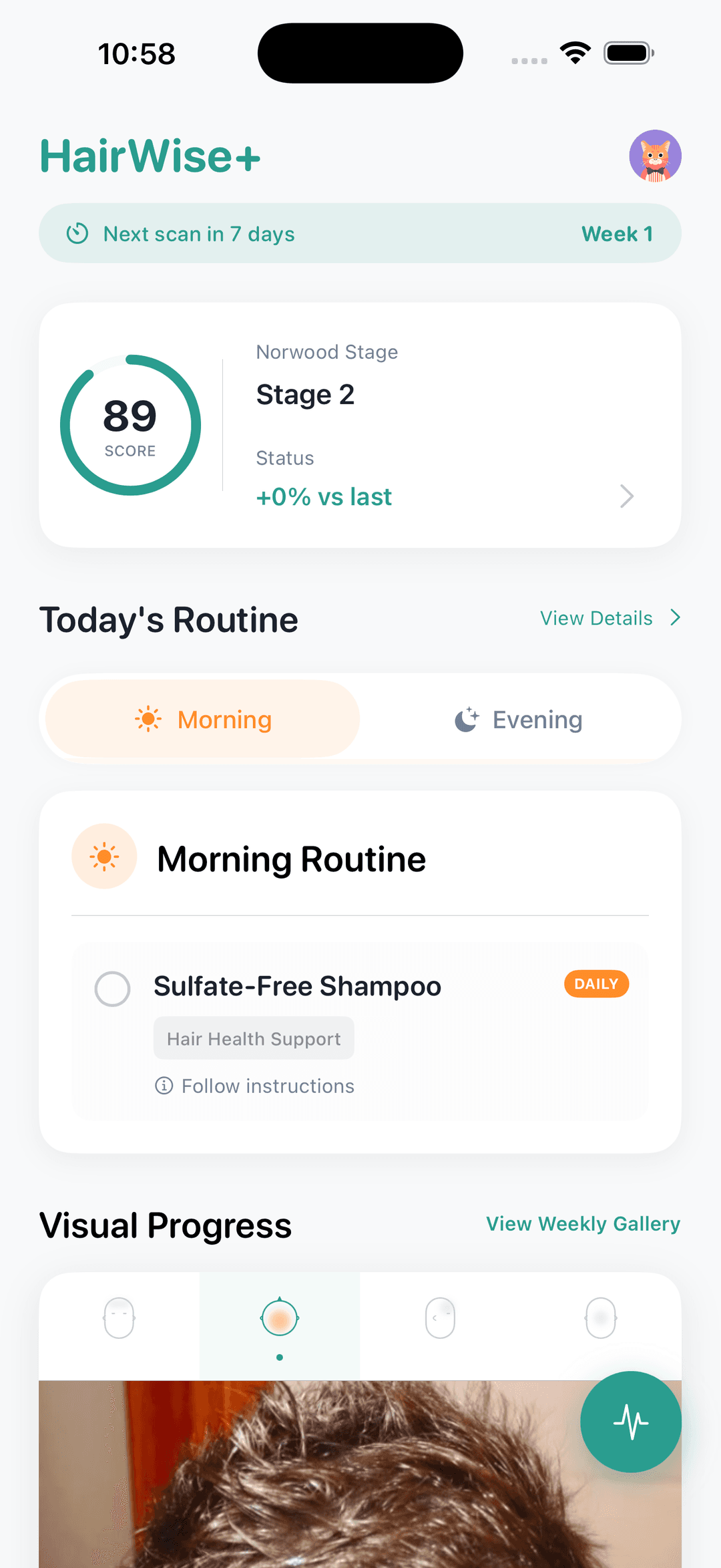 HairWise+ Dashboard showing hair score and daily routine